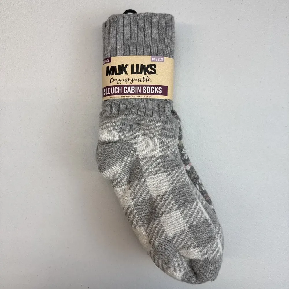 Muk Luke 2 Pack Women’s Slouch Cabin Socks Lt Grey Check One Size Fits Most